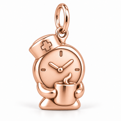 Nurse Shift Clock Coffee Dangle Charm | polished rose gold material view | b20609d2b2330181a57fd7bc2c701bf19c346e9f10f256e49d1a7c845d330477