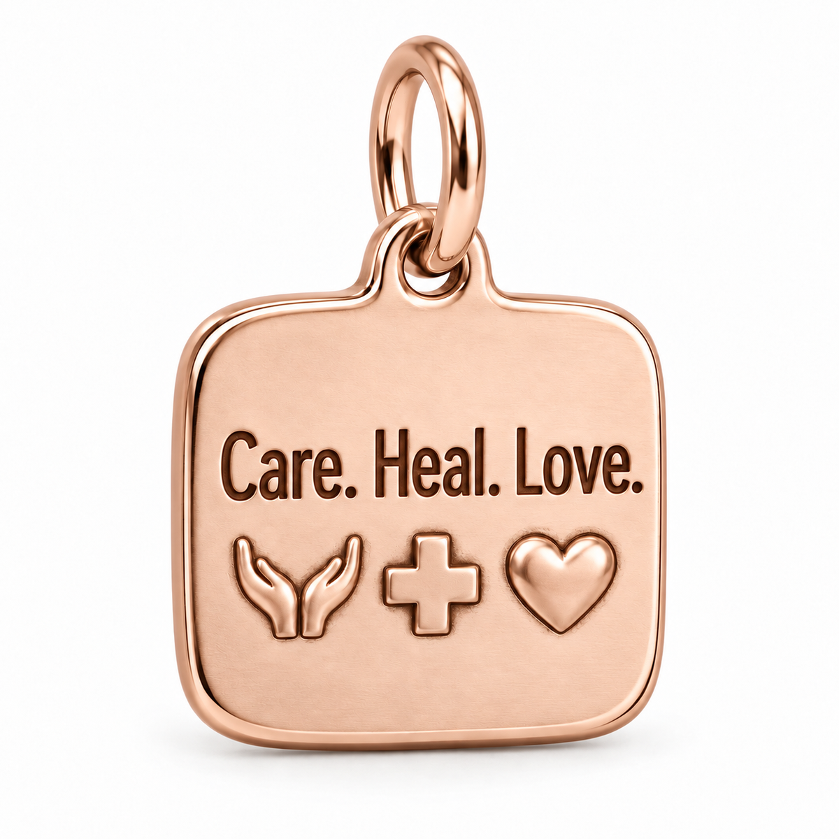 Care. Heal. Love. Engraved Nurse Charm | polished rose gold material view | 463ea281113dc1dc2c6e0219f10464baa464d57842e0f4be810059a7144df567