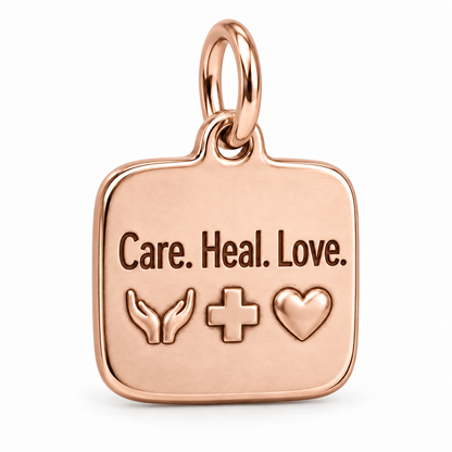 Care. Heal. Love. Engraved Nurse Charm | polished rose gold material view | 463ea281113dc1dc2c6e0219f10464baa464d57842e0f4be810059a7144df567