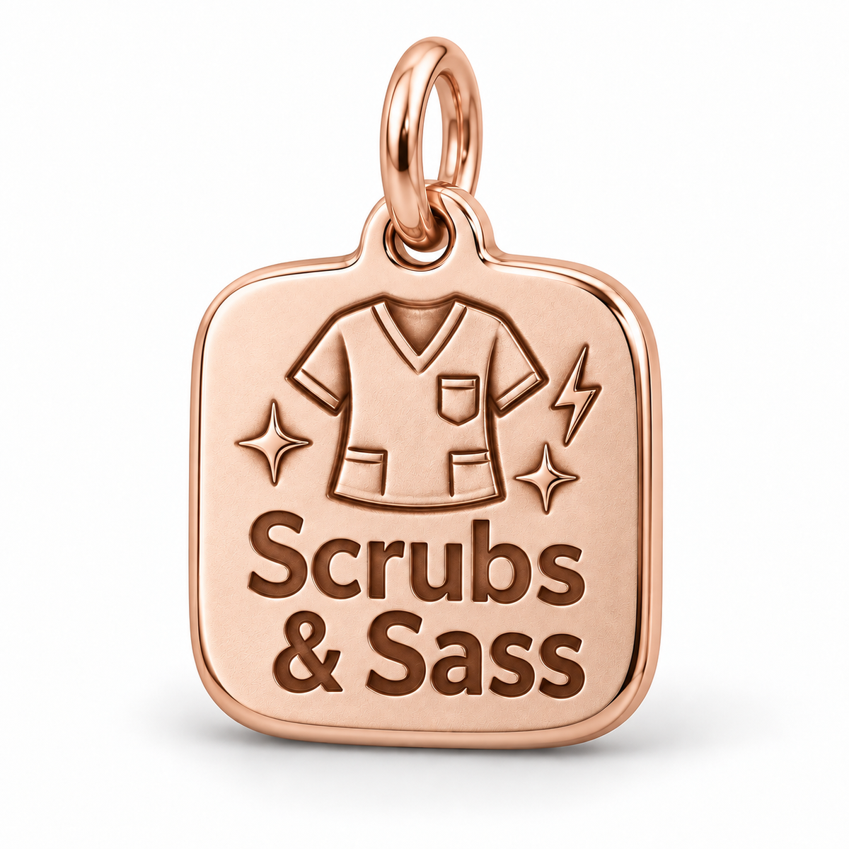 Scrubs & Sass Engraved Nurse Charm | polished rose gold material view | 946cacd6d4842e5224213689d462e73438d96e144b155e790ad0c24c18509d18