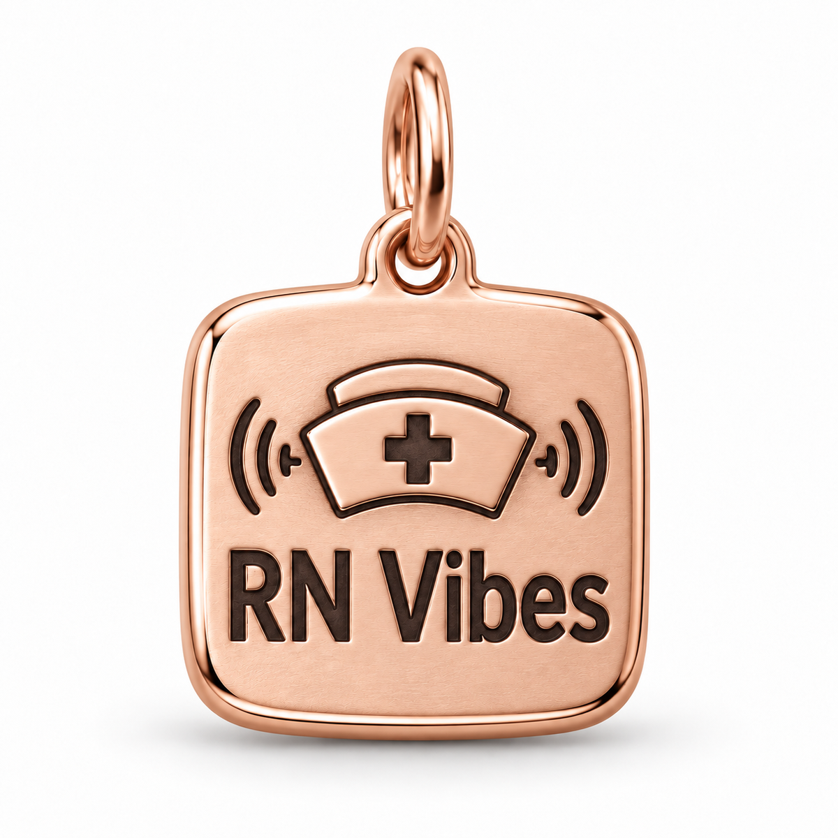 RN Vibes Engraved Nurse Charm | polished rose gold material view | 291794060339c86eeb0c47e08146dfc9d0406f13ebcdeeea7613bb39201fb996