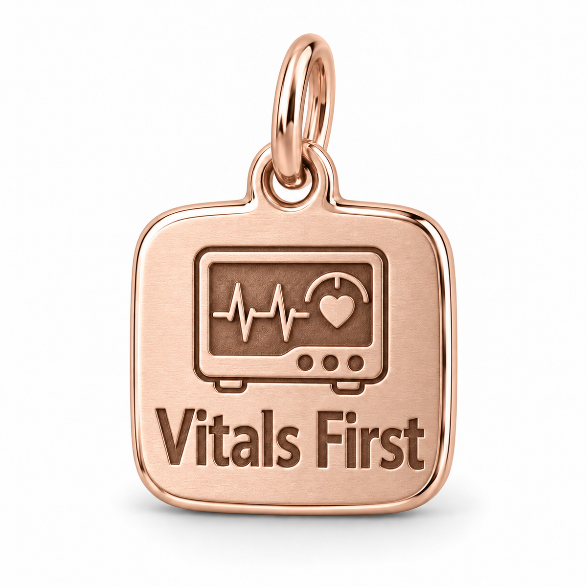 Vitals First Engraved Nurse Charm | polished rose gold material view | 5fcecce1fb3648c2a74bb0c51e6f5b6046e79058c34b251ab566784e4aca0109
