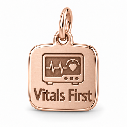 Vitals First Engraved Nurse Charm | polished rose gold material view | 5fcecce1fb3648c2a74bb0c51e6f5b6046e79058c34b251ab566784e4aca0109