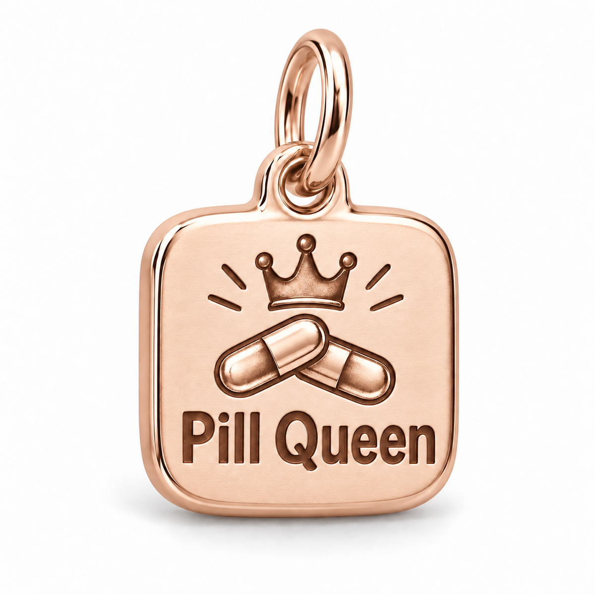 Pill Queen Engraved Nurse Charm | polished rose gold material view | 7540d5d5a84556f69bb49e5db9c6eb723644288cdfc6b25781c3bed700b6a949
