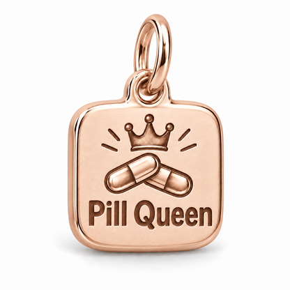 Pill Queen Engraved Nurse Charm | polished rose gold material view | 7540d5d5a84556f69bb49e5db9c6eb723644288cdfc6b25781c3bed700b6a949