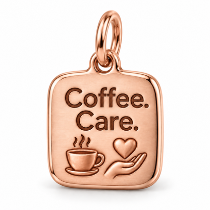 Coffee. Care. Engraved Nurse Charm | polished rose gold material view | c90222459e19f4255f59e22f6cc7a13ae117ac1e213edfe5bfcf48bed1666a6b