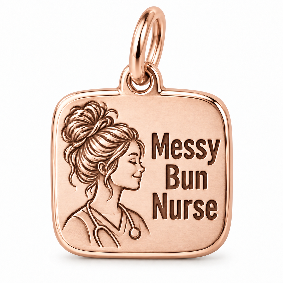 Messy Bun Nurse Engraved Nurse Charm | polished rose gold material view | 1d4445959b926ed3d7fd5b3041fe3735cfd47817279b01fc0db836bb76794434