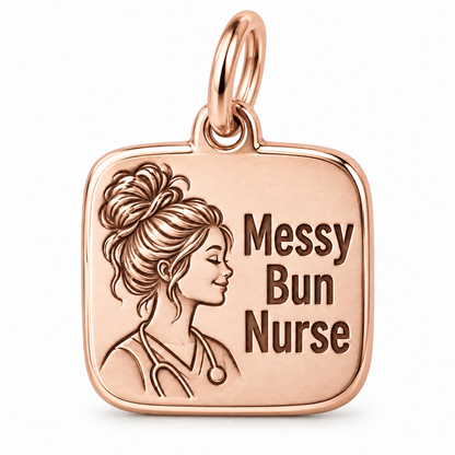 Messy Bun Nurse Engraved Nurse Charm | polished rose gold material view | 1d4445959b926ed3d7fd5b3041fe3735cfd47817279b01fc0db836bb76794434