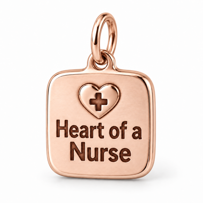 Heart of a Nurse Engraved Nurse Charm | polished rose gold material view | 39c65462c5baaa9db7b2ee9c32ccf7a35744ae6a477b586e2376c2cf5823ae8f
