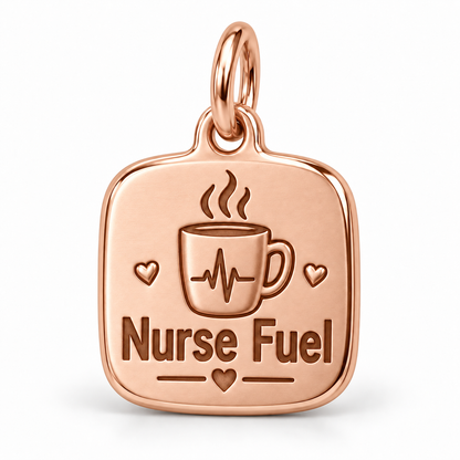 Nurse Fuel Engraved Nurse Charm | polished rose gold material view | 6e8775ca851ca821635ffba30a3c0f4d4a7784cb596b8d676fff64c2e6d4b3ba