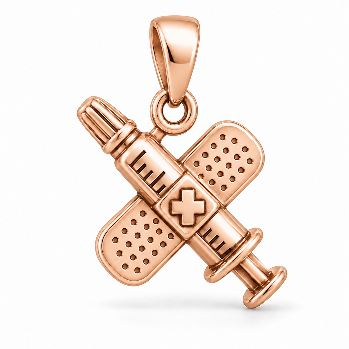 Nurse Syringe Bandage Charm | polished rose gold material view | ab86da910a673944bef54d3e0e7a2cd15defaab0c5c16cc24480ab6df1ba9067