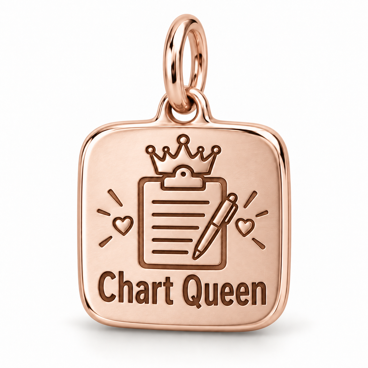 Chart Queen Engraved Nurse Charm | polished rose gold material view | e2042a743897ddda4cb31bd686c35cfecdee16695f41ae1ccfb2148a3f111d9c