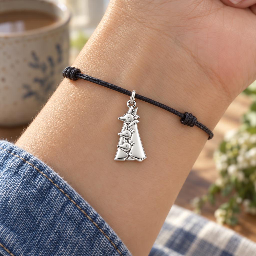 Royal Mouse Mother Charm Bracelet – Personalized Mom Gift – worn on the wrist on a black cord bracelet
