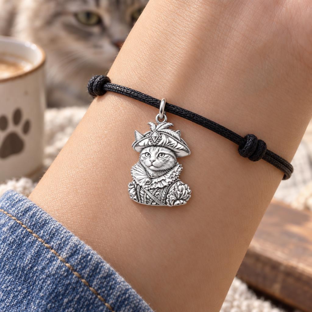 Royal Renaissance Pet Portrait Charm Bracelet – Personalized Cat Mom – worn on the wrist on a black cord bracelet