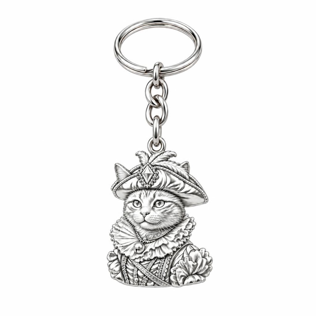 Royal Renaissance Pet Portrait Charm Keychain – silver, front view