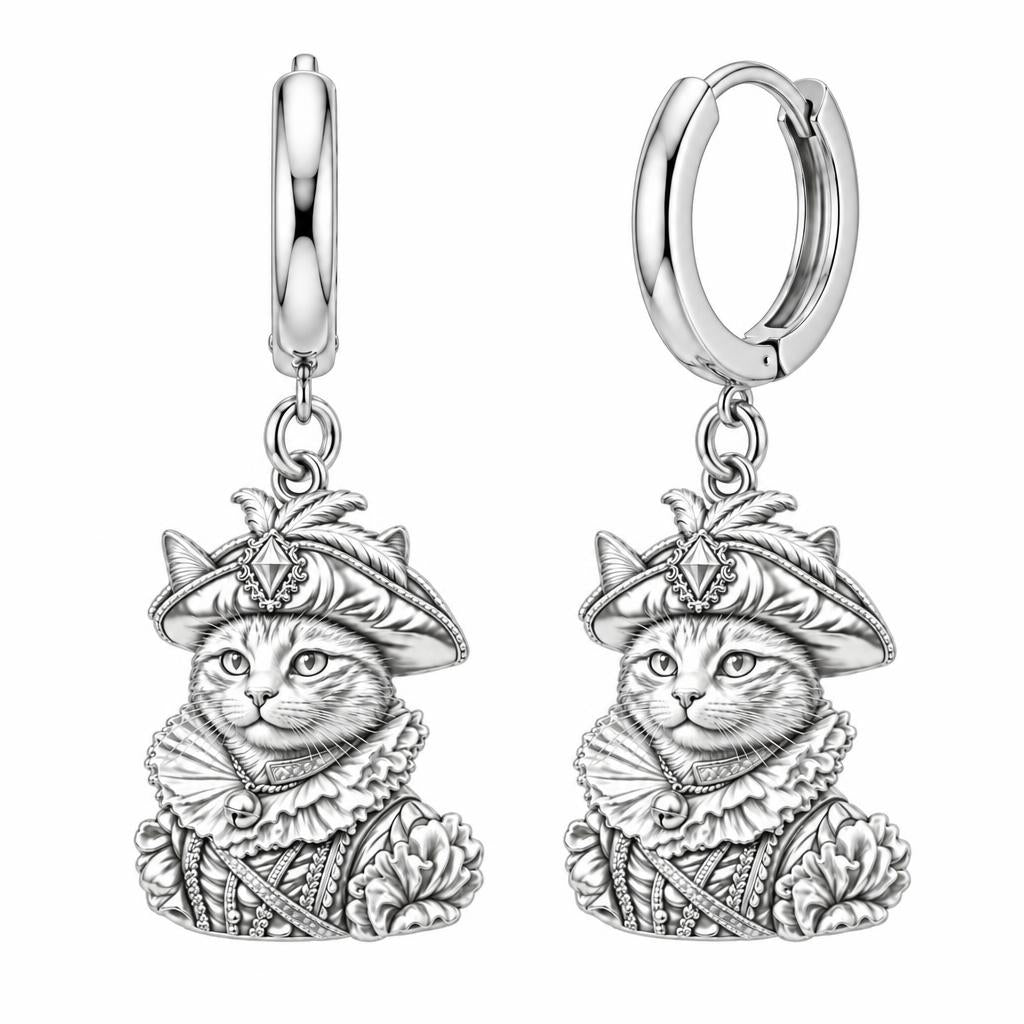 Royal Renaissance Pet Portrait Huggie Charm Earrings – silver, front view