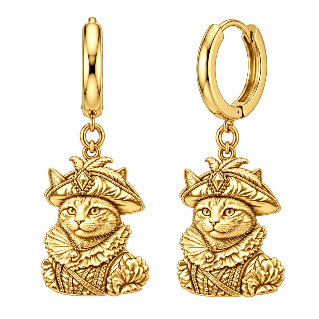 Royal Renaissance Pet Portrait Huggie Charm Earrings – 18K gold, front view