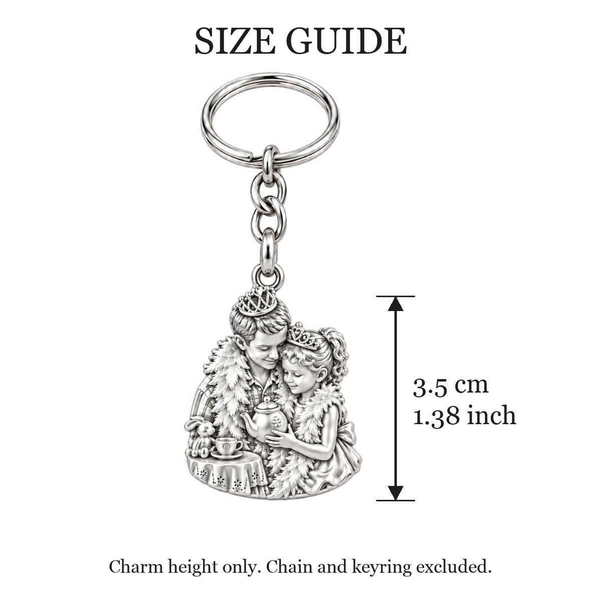 Royal Tea Party Charm Keychain – size guide, 3.5 cm (1.38 in) charm, chain and keyring excluded