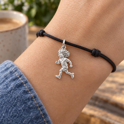 Running Child Joy Charm Bracelet – Personalized Mom Gift – worn on the wrist on a black cord bracelet