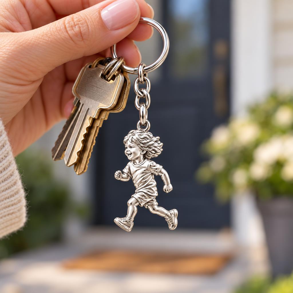 Running Child Joy Charm Keychain – worn / in use