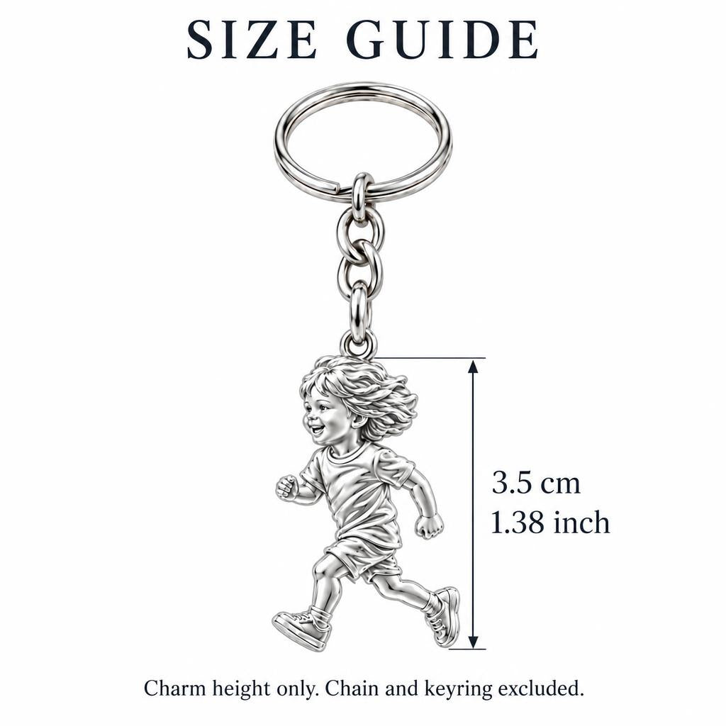 Running Child Joy Charm Keychain – size guide, 3.5 cm (1.38 in) charm, chain and keyring excluded