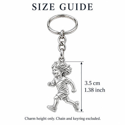 Running Child Joy Charm Keychain – size guide, 3.5 cm (1.38 in) charm, chain and keyring excluded