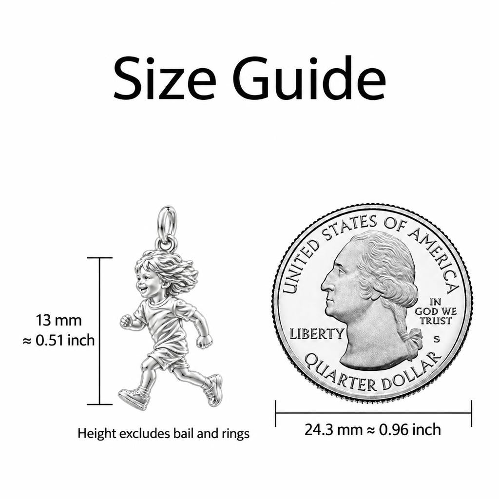 Running Child Joy Charm Necklace Set – size guide, 13 mm charm next to a quarter
