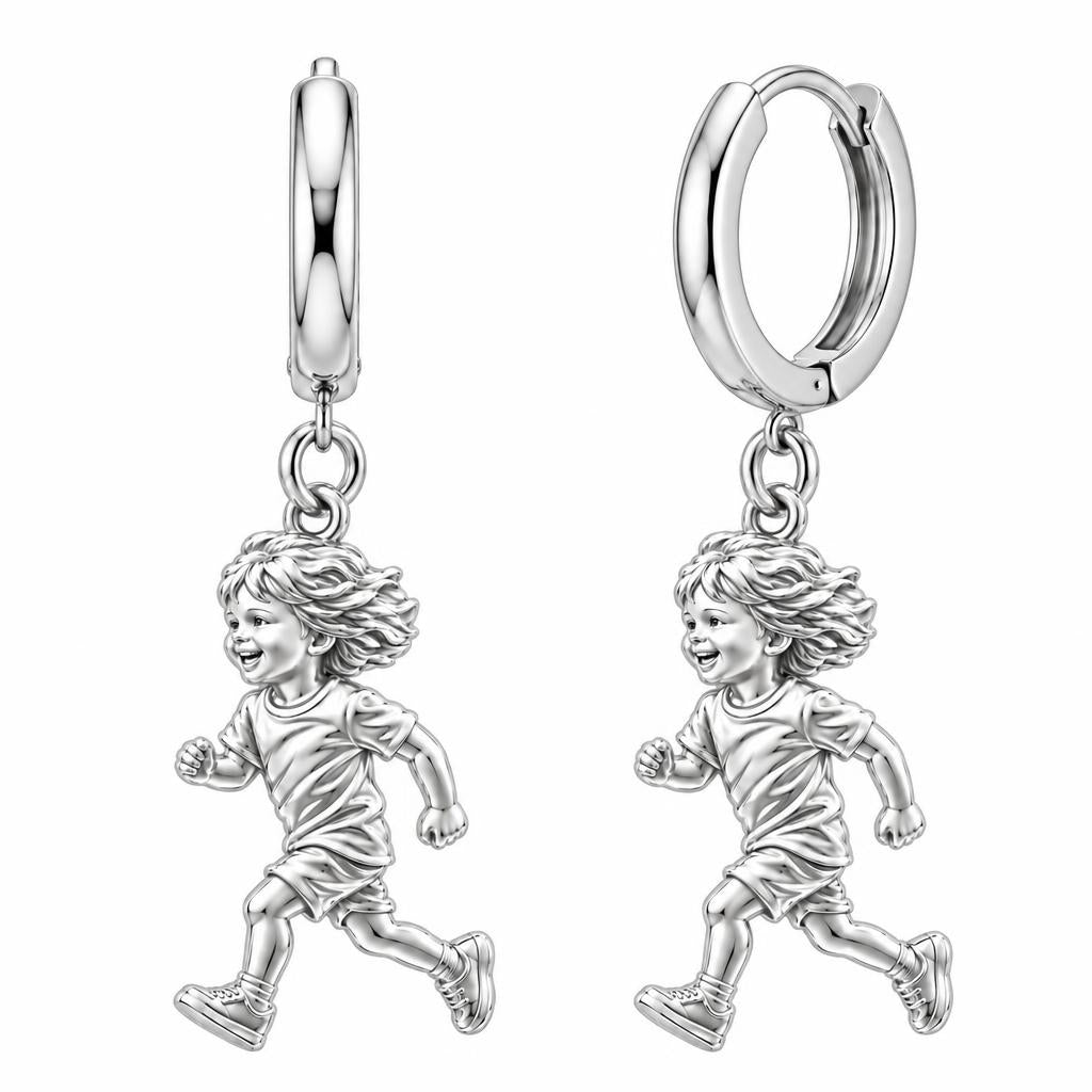 Running Child Joy Huggie Charm Earrings – silver, front view