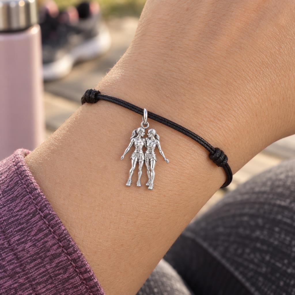 Running Partners Charm Bracelet – Personalized Best Friend Gift – worn on the wrist on a black cord bracelet