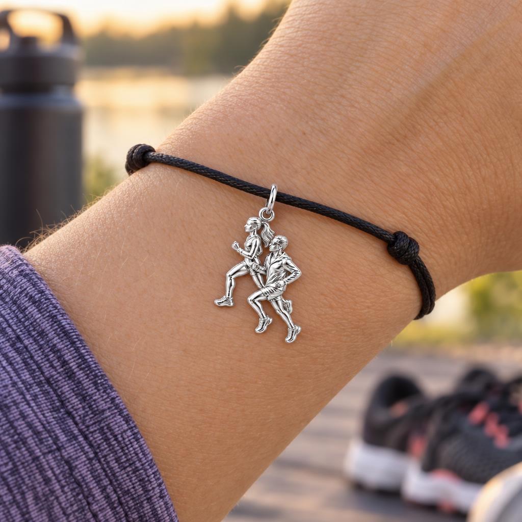Running Partners Charm Bracelet – Personalized Couple Gift – worn on the wrist on a black cord bracelet