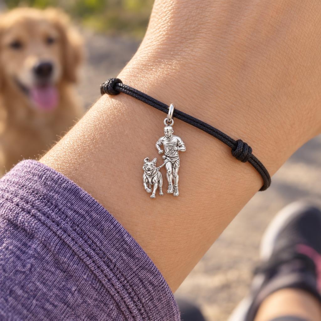 Running Partners Charm Bracelet – Personalized Dog Mom Gift – worn on the wrist on a black cord bracelet