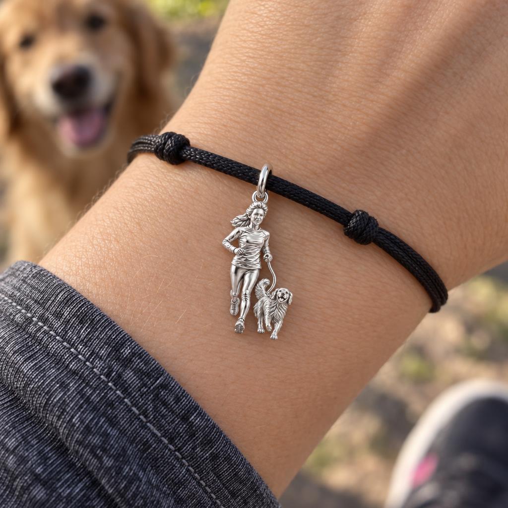 Running Together Forever Charm Bracelet – Personalized Dog Mom Gift – worn on the wrist on a black cord bracelet