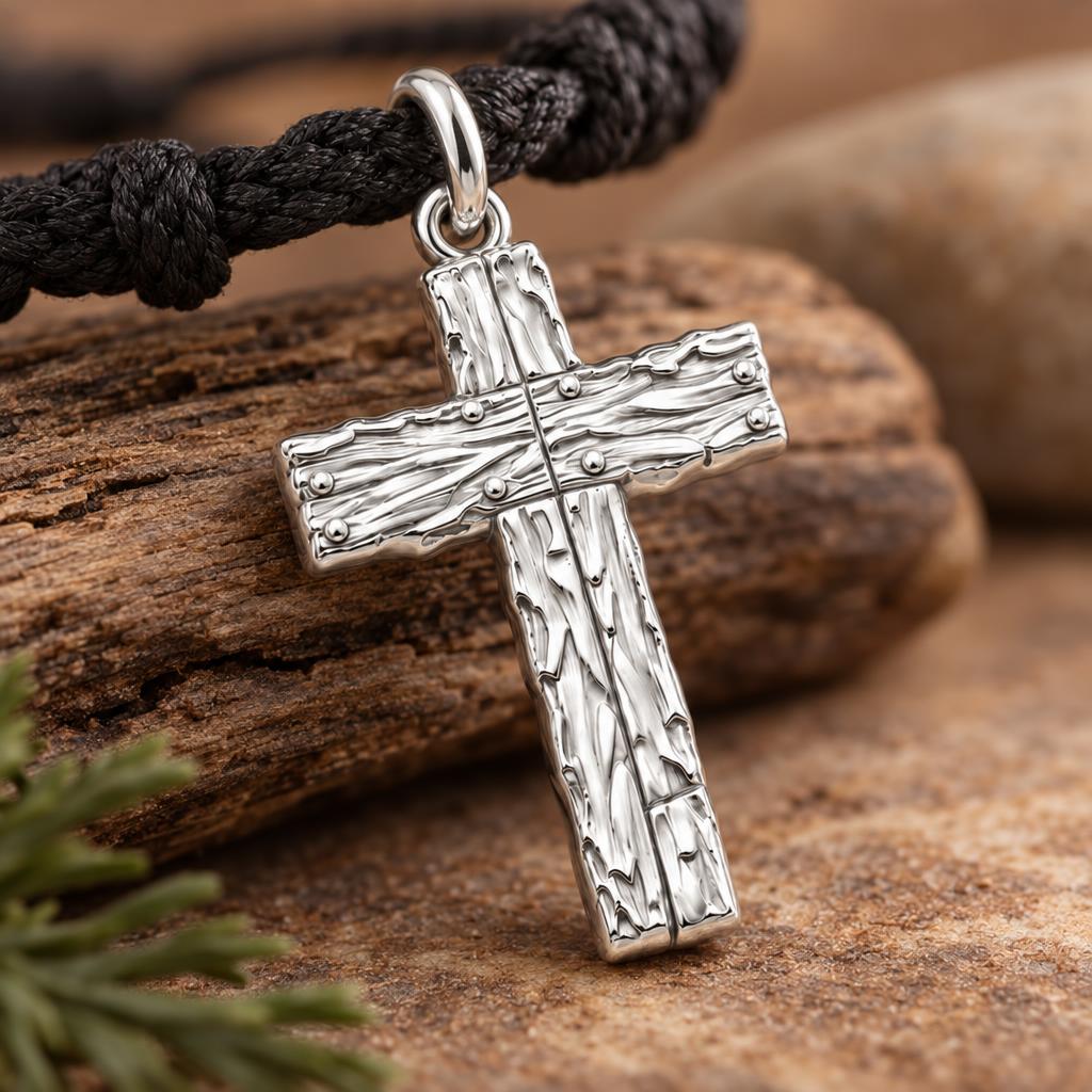 Rustic Bark Cross Charm and Polyester Cord Bracelet Set