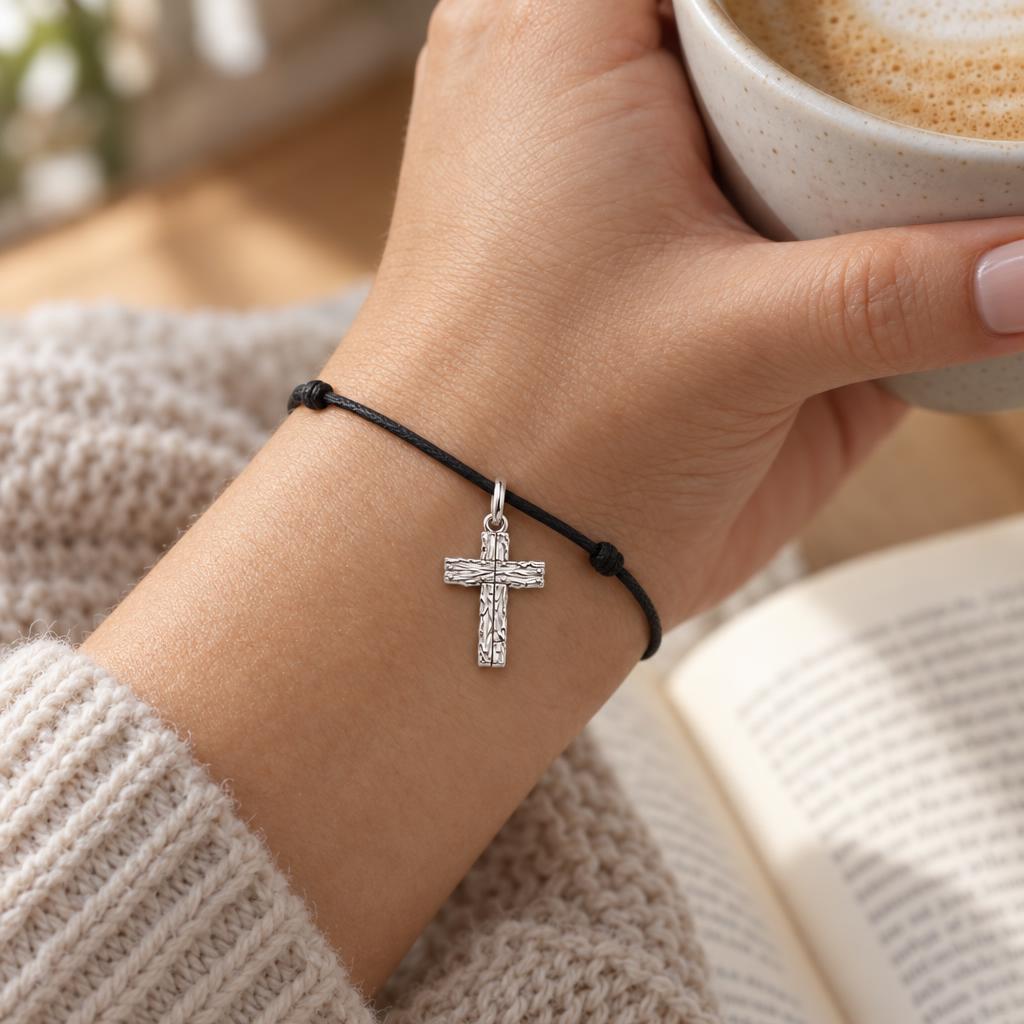 Rustic Bark Cross Charm and Polyester Cord Bracelet Set
