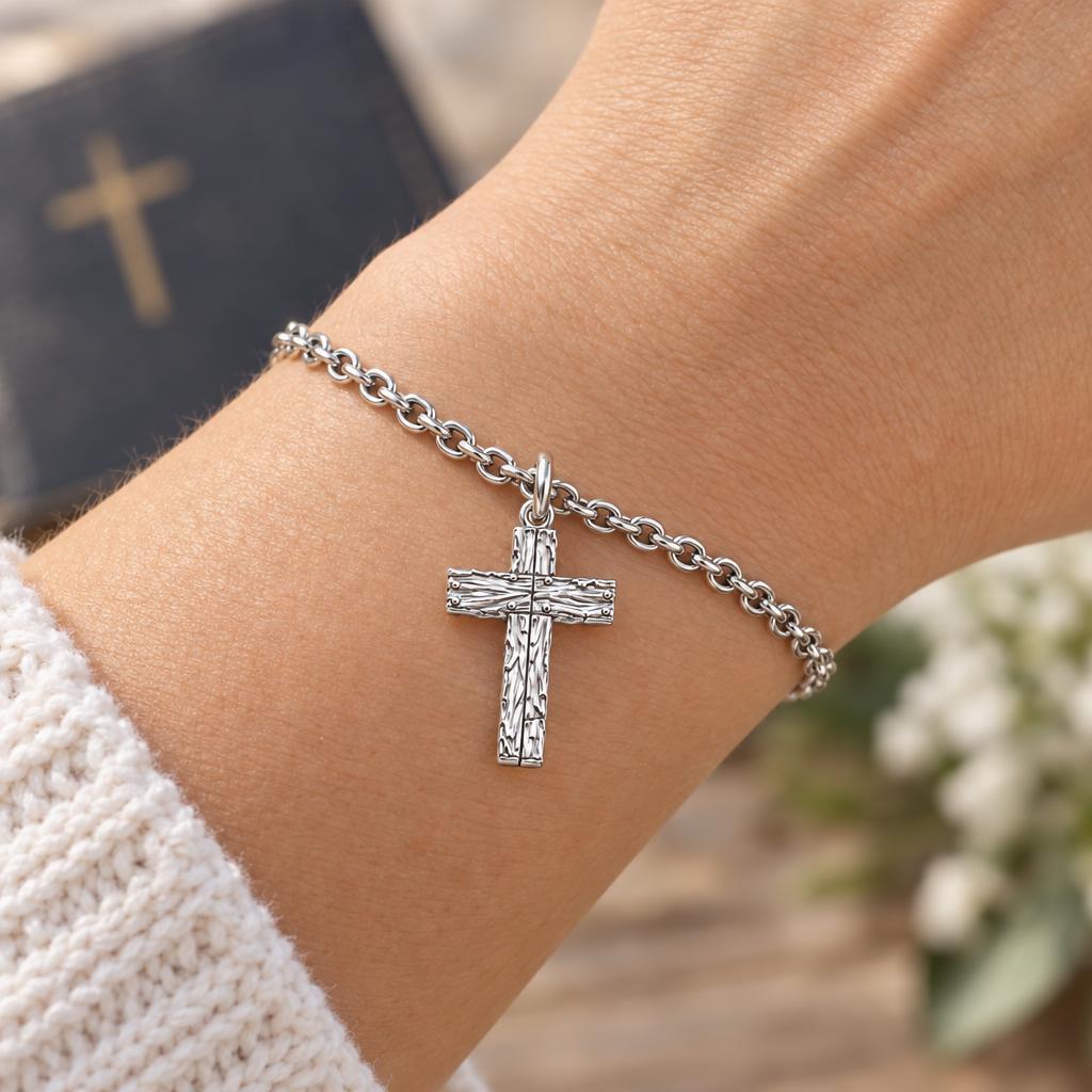 Rustic Bark Cross Charm Bracelet Set – worn / in use
