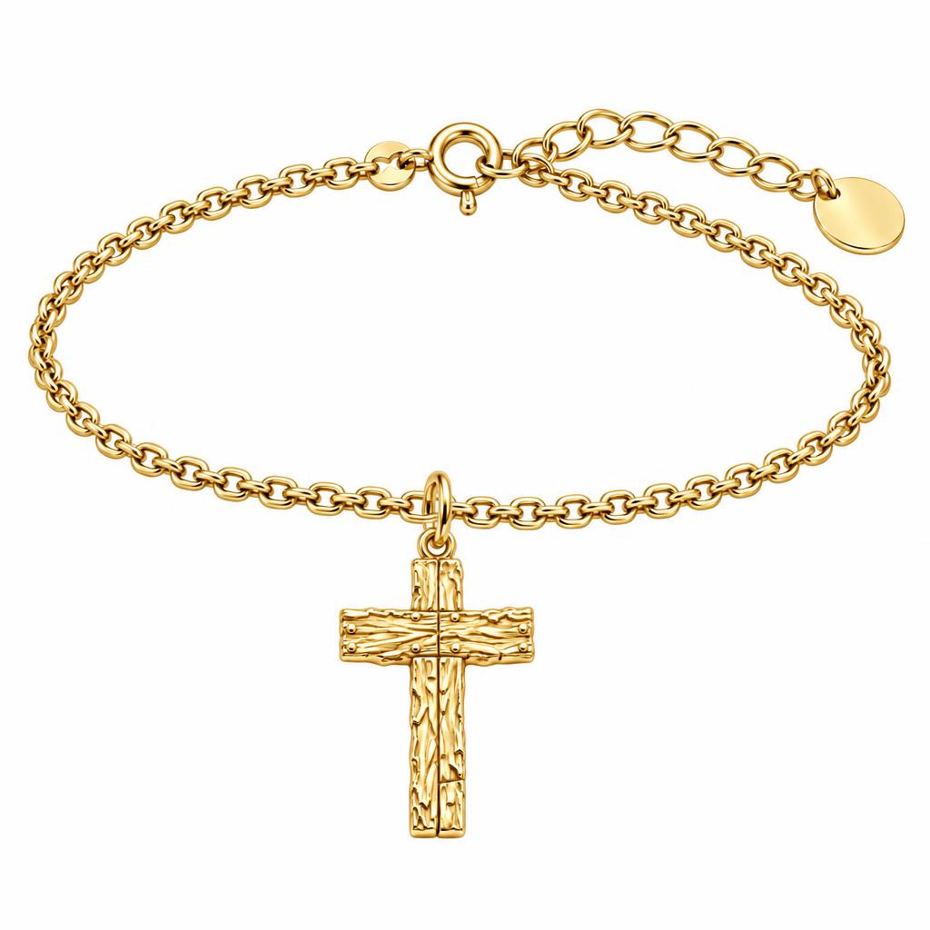 Rustic Bark Cross Charm Bracelet Set – 18K gold, front view