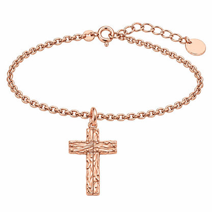 Rustic Bark Cross Charm Bracelet Set – rose gold, front view