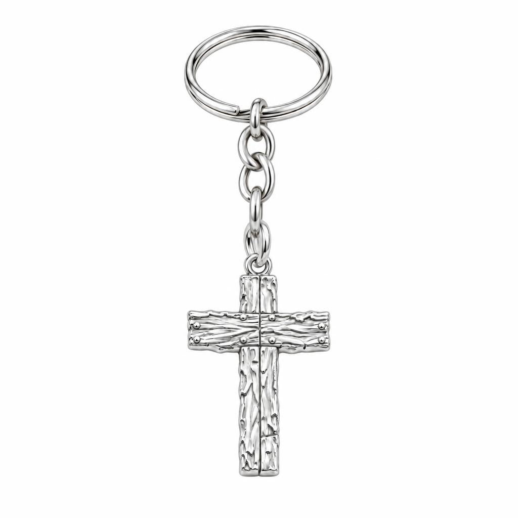 Rustic Bark Cross Charm Keychain – silver, front view
