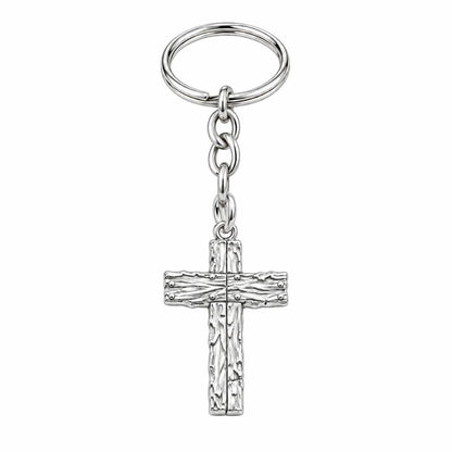 Rustic Bark Cross Charm Keychain – silver, front view