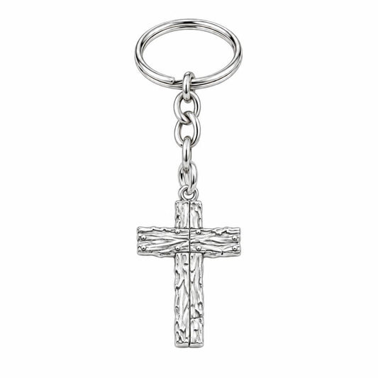 Rustic Bark Cross Charm Keychain – silver, front view