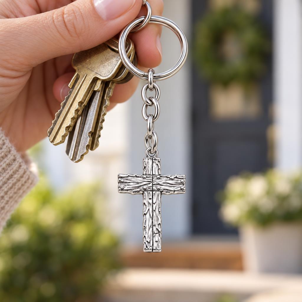 Rustic Bark Cross Charm Keychain – worn / in use