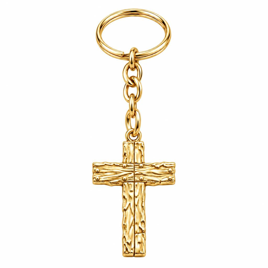 Rustic Bark Cross Charm Keychain – 18K gold, front view