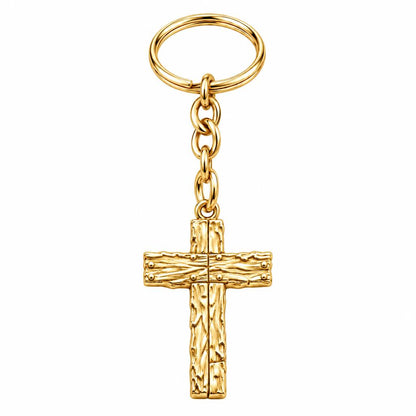 Rustic Bark Cross Charm Keychain – 18K gold, front view