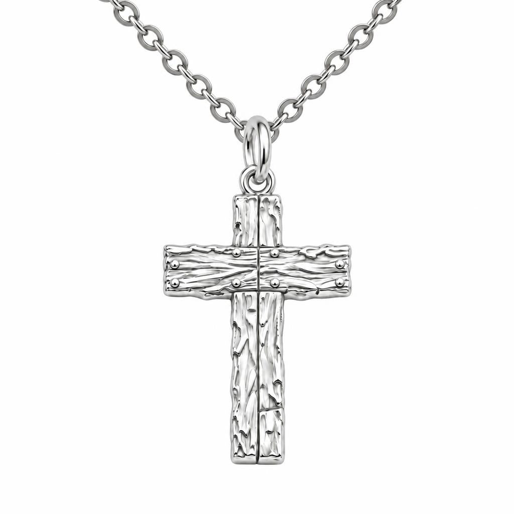 Rustic Bark Cross Charm Necklace Set – silver, front view