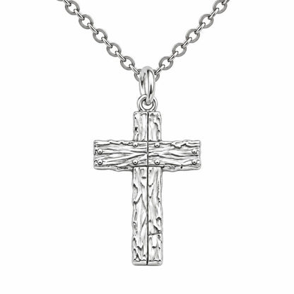 Rustic Bark Cross Charm Necklace Set – silver, front view