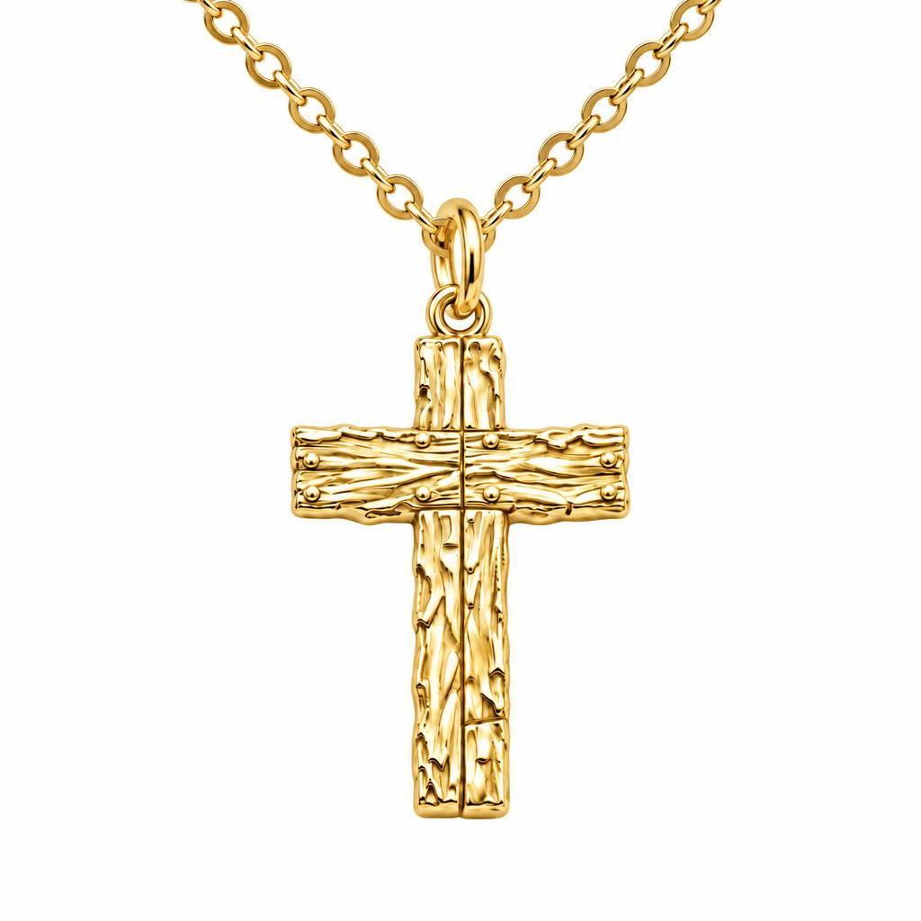 Rustic Bark Cross Charm Necklace Set – 18K gold, front view