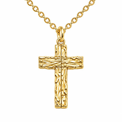 Rustic Bark Cross Charm Necklace Set – 18K gold, front view