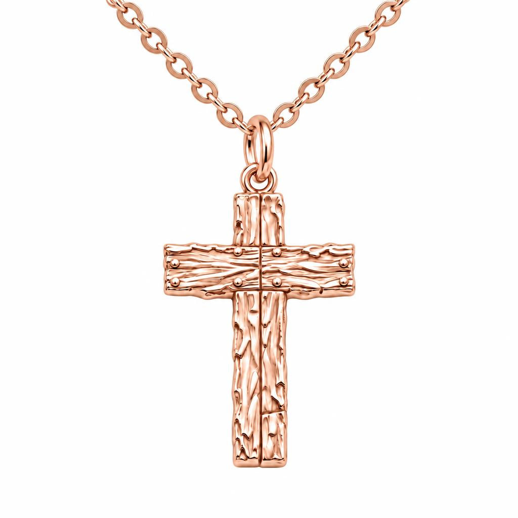 Rustic Bark Cross Charm Necklace Set – rose gold, front view