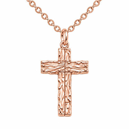 Rustic Bark Cross Charm Necklace Set – rose gold, front view