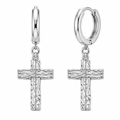 Rustic Bark Cross Huggie Charm Earrings – silver, front view